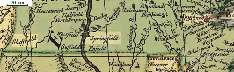 Massachusetts on John Mitchell's 1755 map