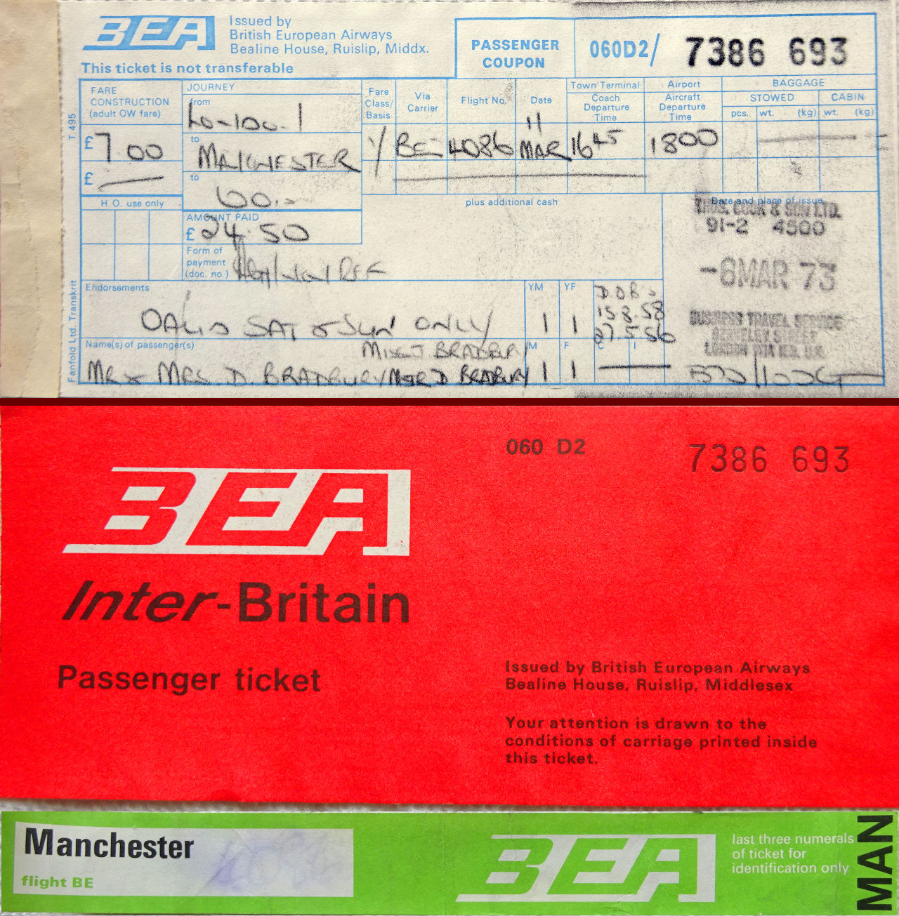 1973 BEA flight ticket & labels