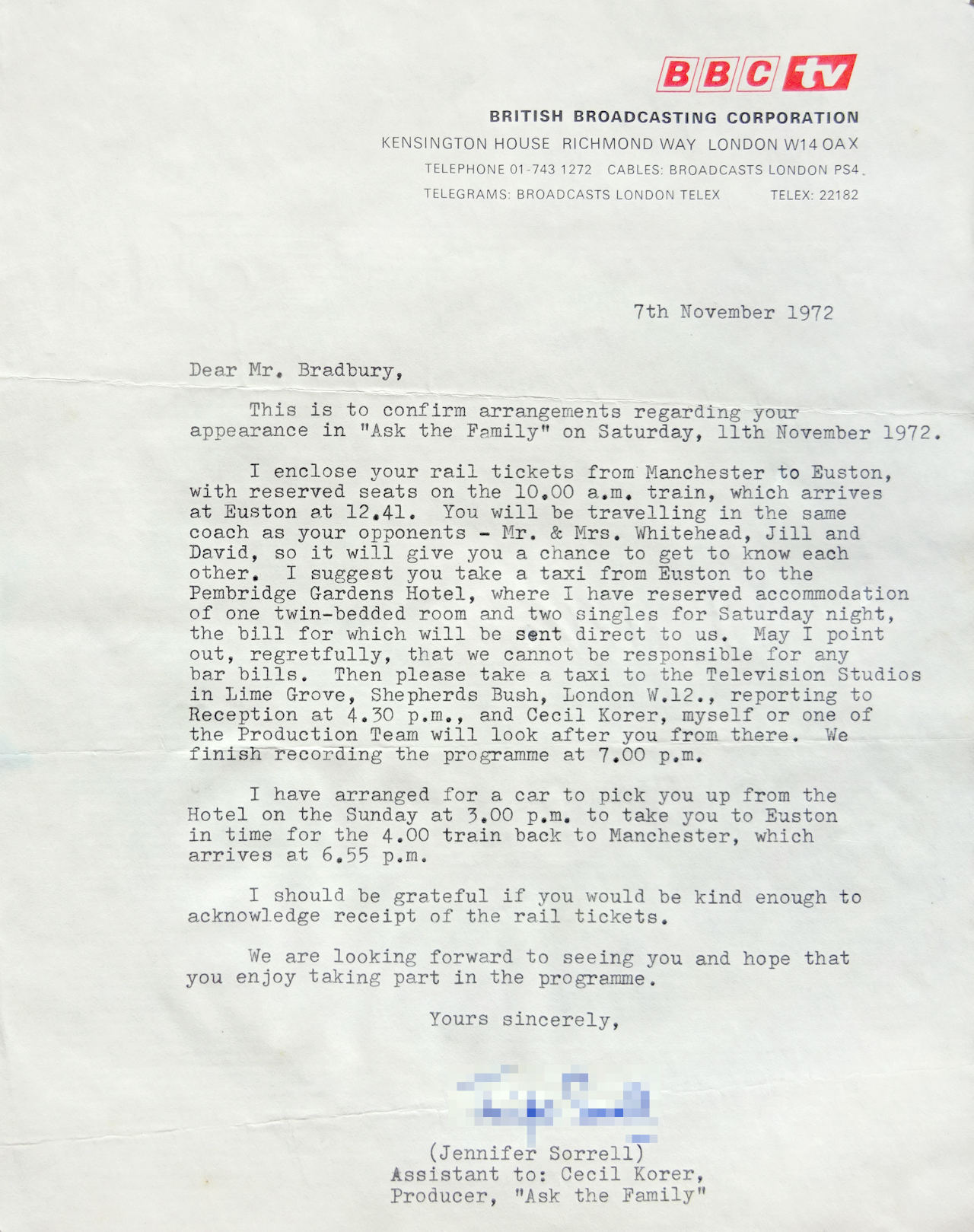 1972 BBC appearance arrangements letter
