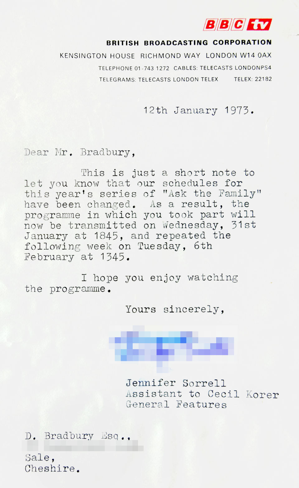 1973 BBC TV schedule change note