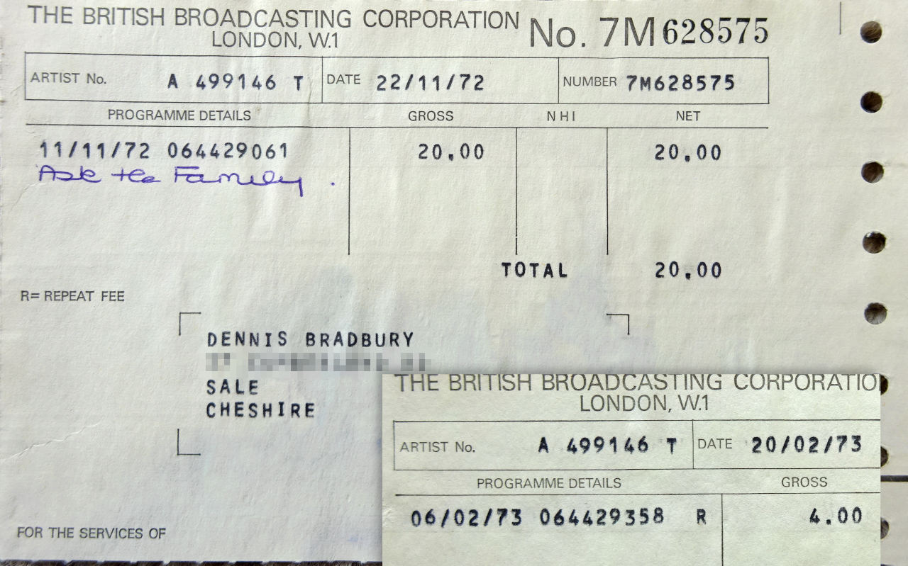 1973 BBC payslips for programme + repeat