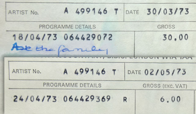 1973 BBC payslips for programme + repeat, with payrise