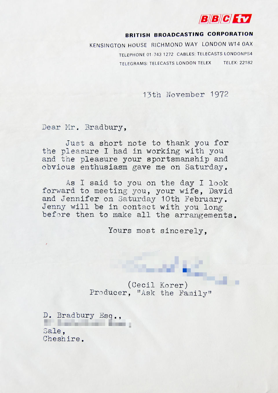 1972 BBC producer thanks note