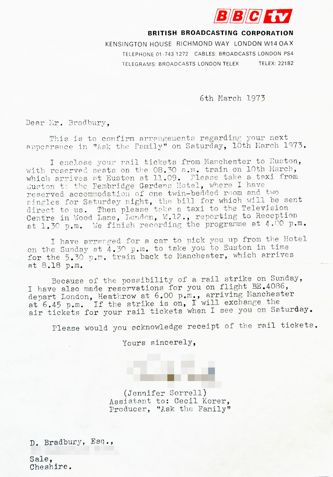 1973 BBC appearance arrangements letter