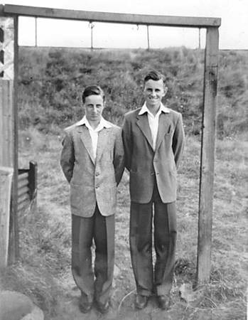 Richard and Allan in front of the swing at The Cabin, about 1959