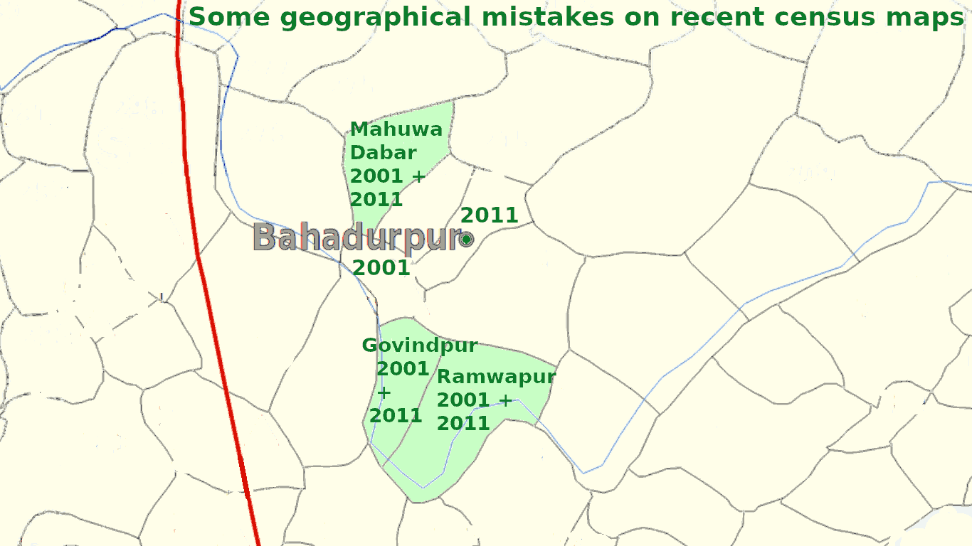 Some of the misplaced villages on recent Census maps