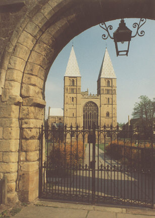 Nottinghamshire, England. Early autumn c1990. Southwell Minster (cathedral) from west gate.