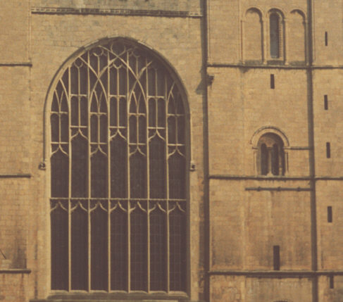 Nottinghamshire, England. Early autumn c1990. Windows in west front of Southwell Minster (cathedral).
