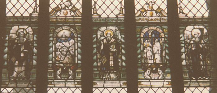 Nottinghamshire, England. Summer 1988. Stained glass house window, Newstead Abbey.