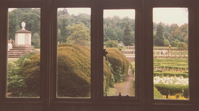 Nottinghamshire, England. Summer 1988. Gardens and Boatswain's monument from Newstead Abbey.