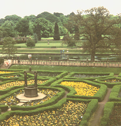 Nottinghamshire, England. Summer 1988.  Formal garden from Newstead Abbey.