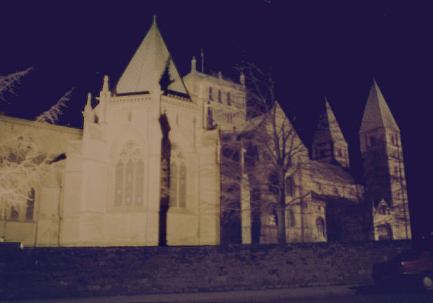 Nottinghamshire, England. Spring 1997. Southwell Minster (cathedral), with chapter house at left.