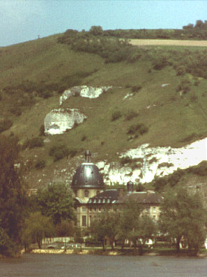 Lower Seine valley, France. Spring 1985. Hospital by the river at Les Andelys, from south.