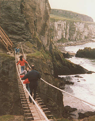Antrim coast, Northern Ireland. Summer 1988. Rope-bridge from Carrick-a-Rede island.