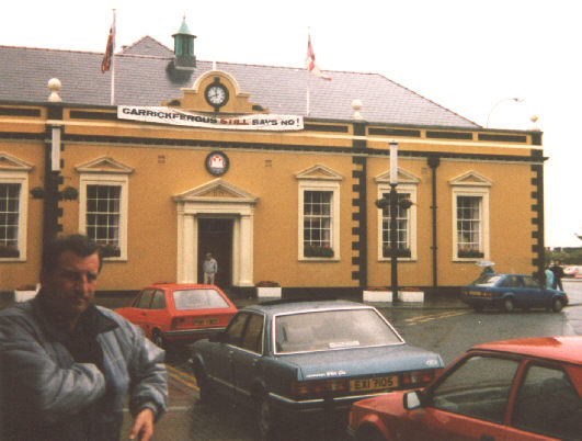 Antrim coast, Northern Ireland. Summer 1988. The town hall at Carrickfergus.