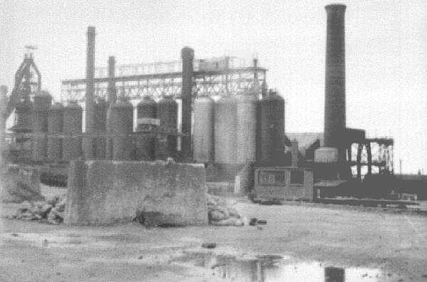 Millom ironworks, Cumbria, UK. Summer 1968. Blast furnace, stoves etc. from north-west