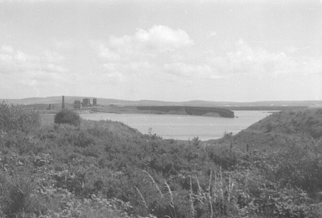 Hodbarrow iron ore mine, Cumbria, UK. Summer 1968. Broken ground and inner barrier from west