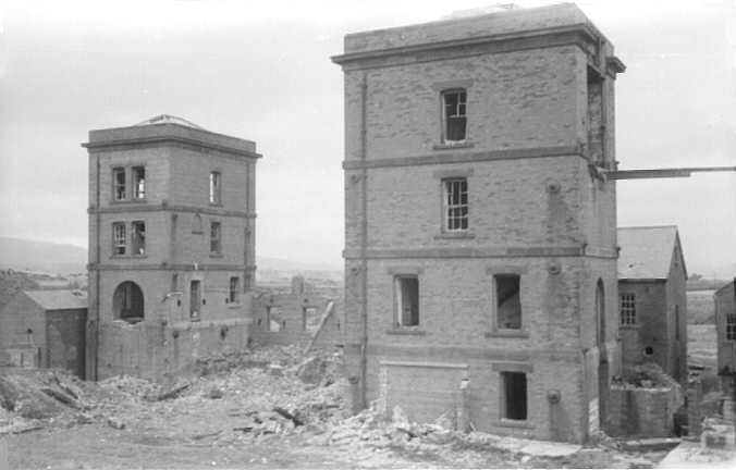 Hodbarrow iron ore mine, Cumbria, UK. Summer 1968. Engine houses of number 8 and 10 shafts, from south