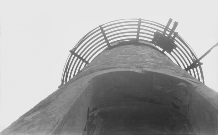 Hodbarrow iron ore mine, Cumbria, UK. Summer 1968. Looking up the lighthouse