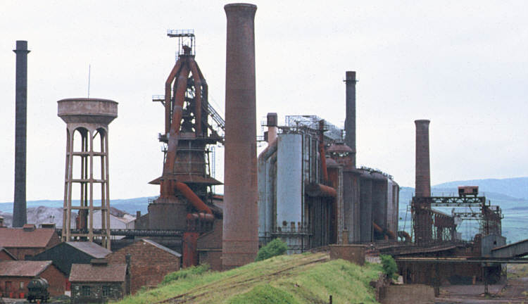 Millom ironworks, Cumbria, UK. Summer 1968 or 69. Detail of water tower, stoves etc., from the west, by Dennis Bradbury