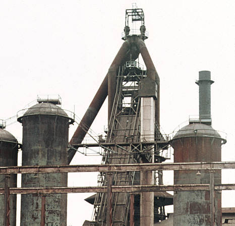 Millom ironworks, Cumbria, UK. Summer 1968 or 69. Close-up of blast furnace from south, by Dennis Bradbury