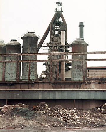 Millom ironworks, Cumbria, UK. Summer 1968 or 69. Blast furnace from south, by Dennis Bradbury