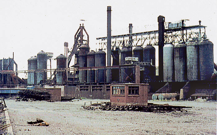 Millom ironworks, Cumbria, UK. Summer 1968 or 69. Blast furnace & stoves, by Dennis Bradbury