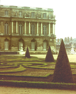 Versailles, France. Spring 1985. Formal garden and wing of the main palace (chateau).
