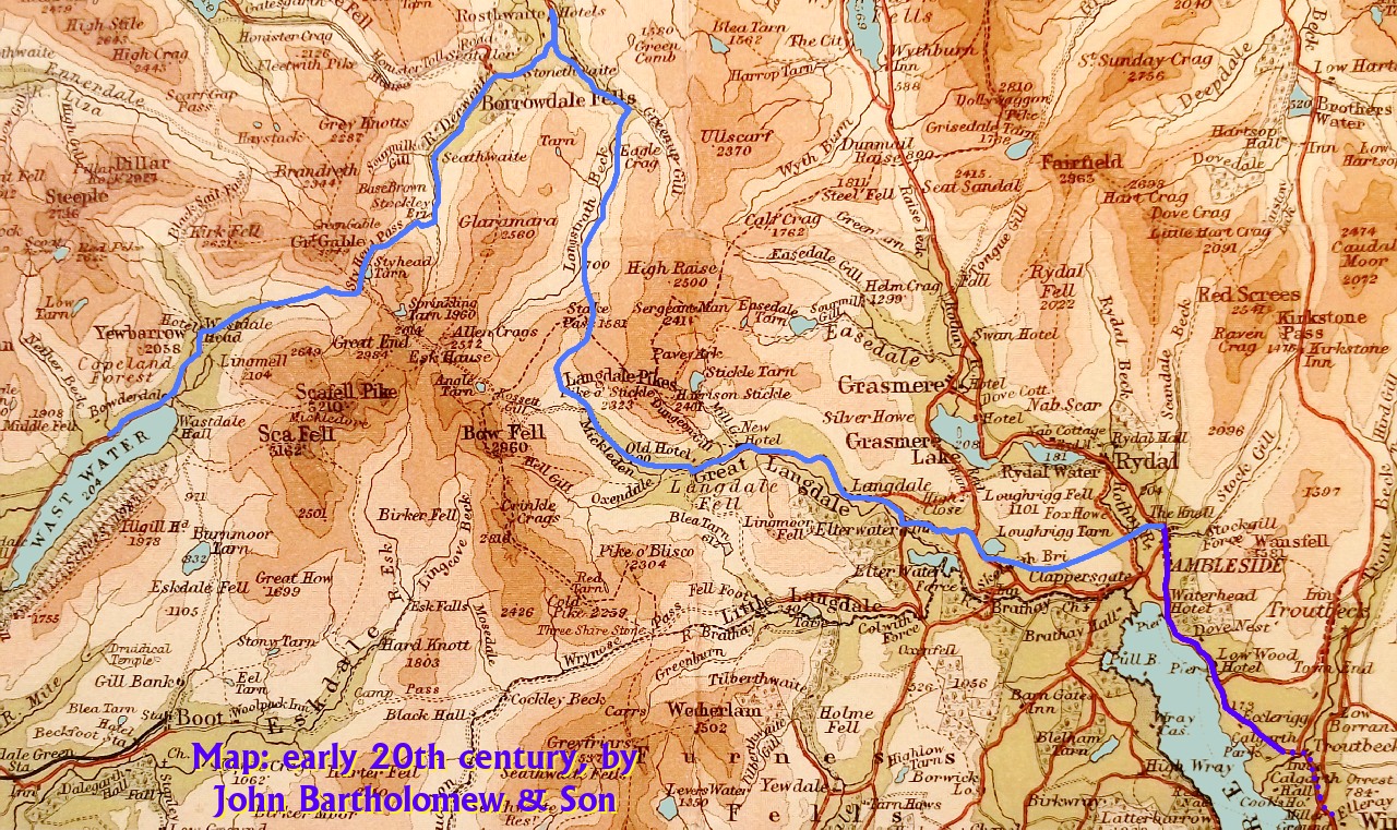 The walker's approximate route, as seen on an early 20th century map (with apologies for Thirlmere)